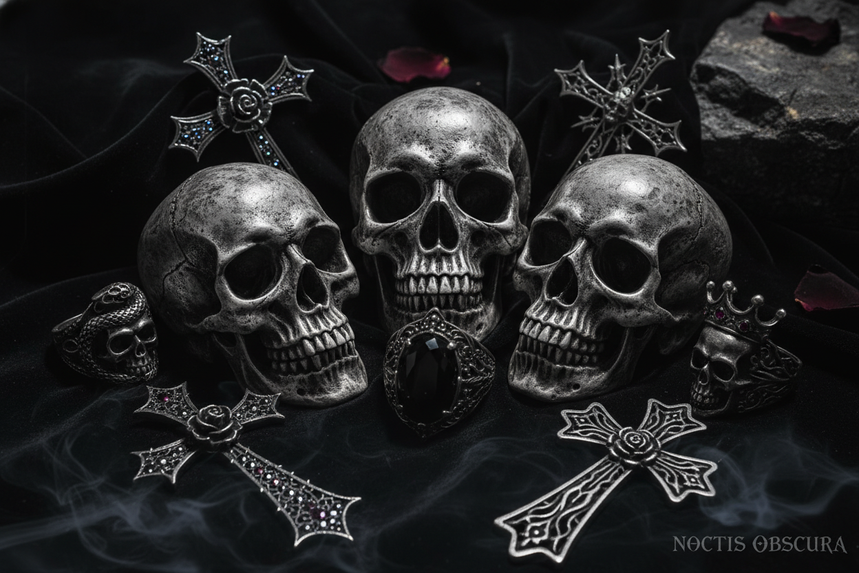 gothic vibes with skulls and rings and crosses